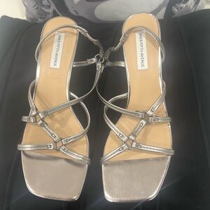 Saks Fifth Avenue sandals. Pewter silver, worn once in nearly new condition.